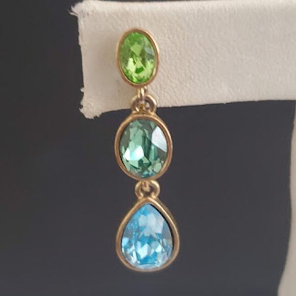 VTG Givenchy Clip On Earrings Blue and Green Crystals Gold Plated 80's Signed - Picture 1 of 5